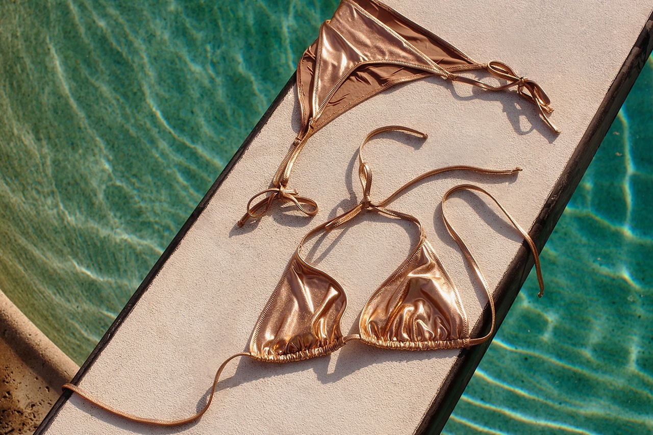 Kim Kardashian SKIMS Swim Bikinis Swimsuits Sarongs Cut-Out Campaigns Gold Silver 