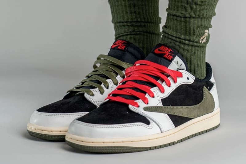 travis scott air jordan 1 low og wmns olive on foot look release info dz4137-106