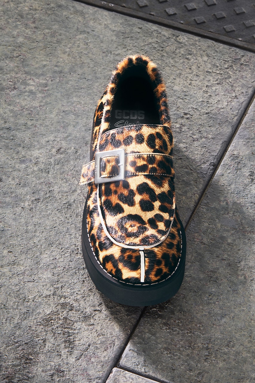 Clarks GCDS loafer penny pocket animal print leather milan runway fashion week mule platform Pietro coco Giuiliano Calza 