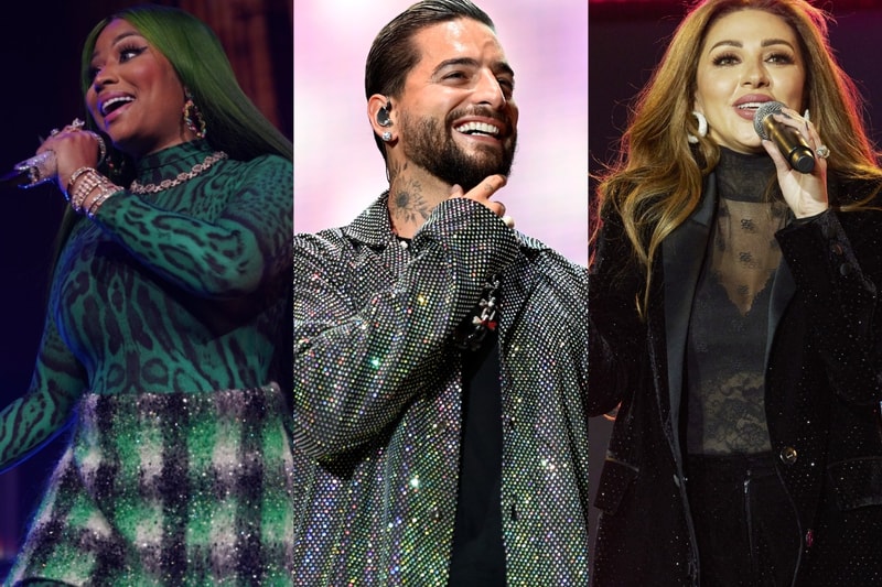 Nicki Minaj, Maluma and Myriam Fares performing on stage, separately