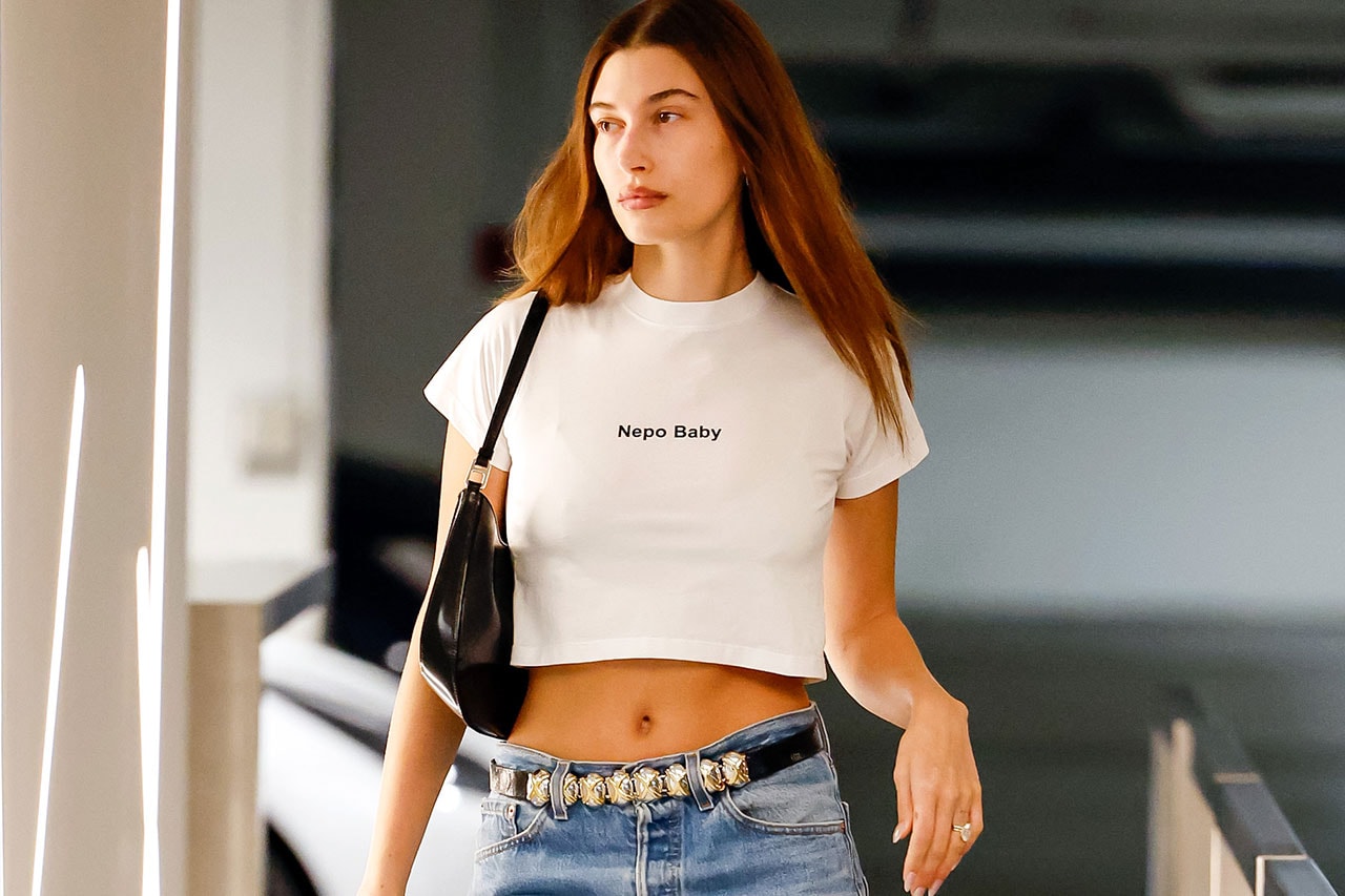 hailey bieber nepo baby tshirt outfit 