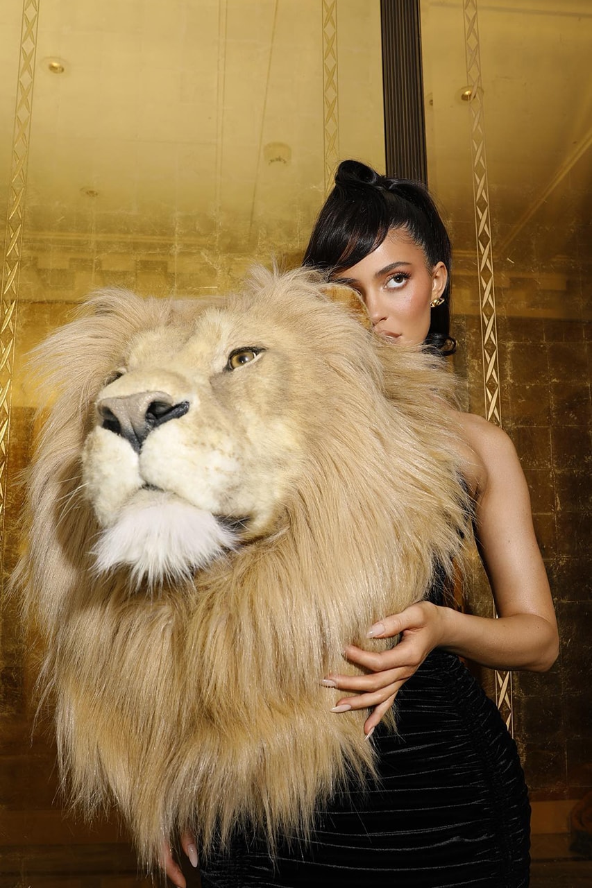 Who made Kylie Jenner's gold shoes, lion black dress, and handbag