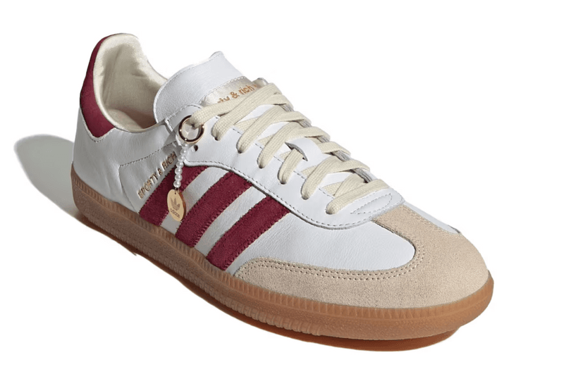 sporty and rich adidas samba sneaker white burgundy beige