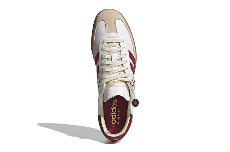 sporty and rich adidas samba sneaker white burgundy beige
