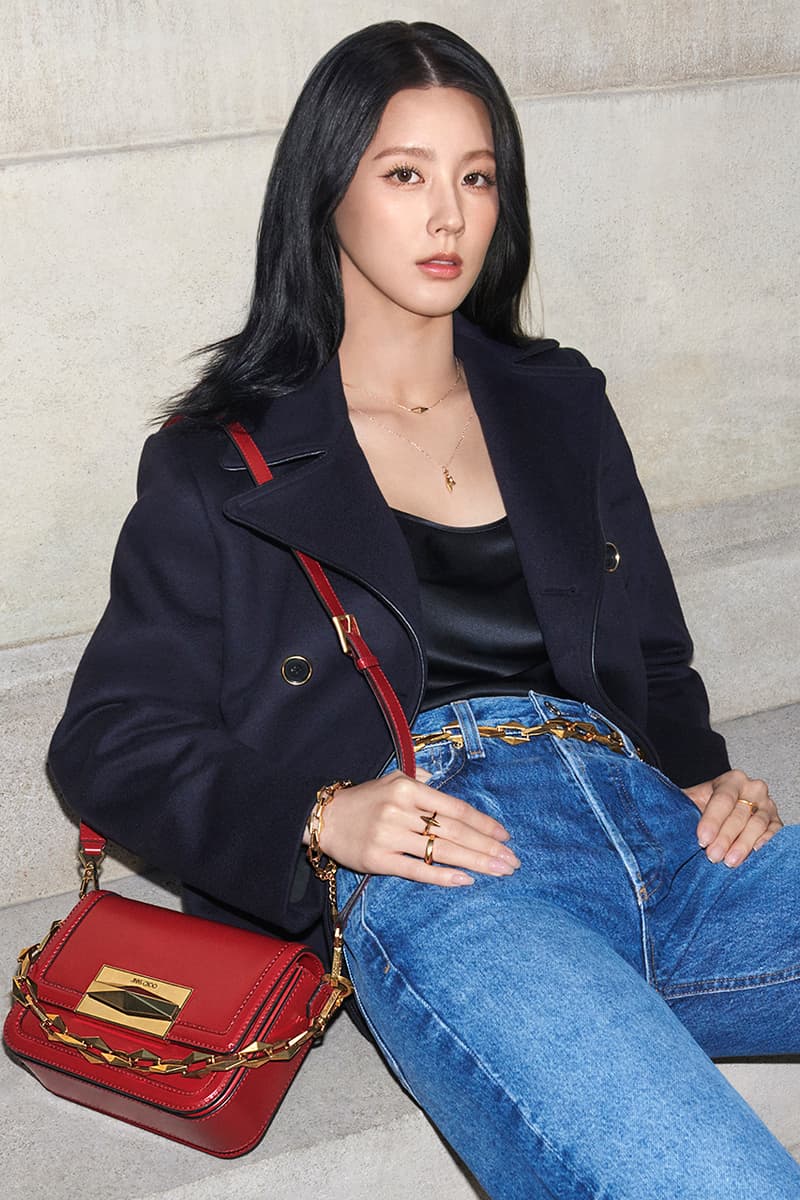 mi-yeon jimmy choo autumn 2023 campaign diamond tilda swing pumps bon bon bucket bag celestia heels footwear handbags accessories paris