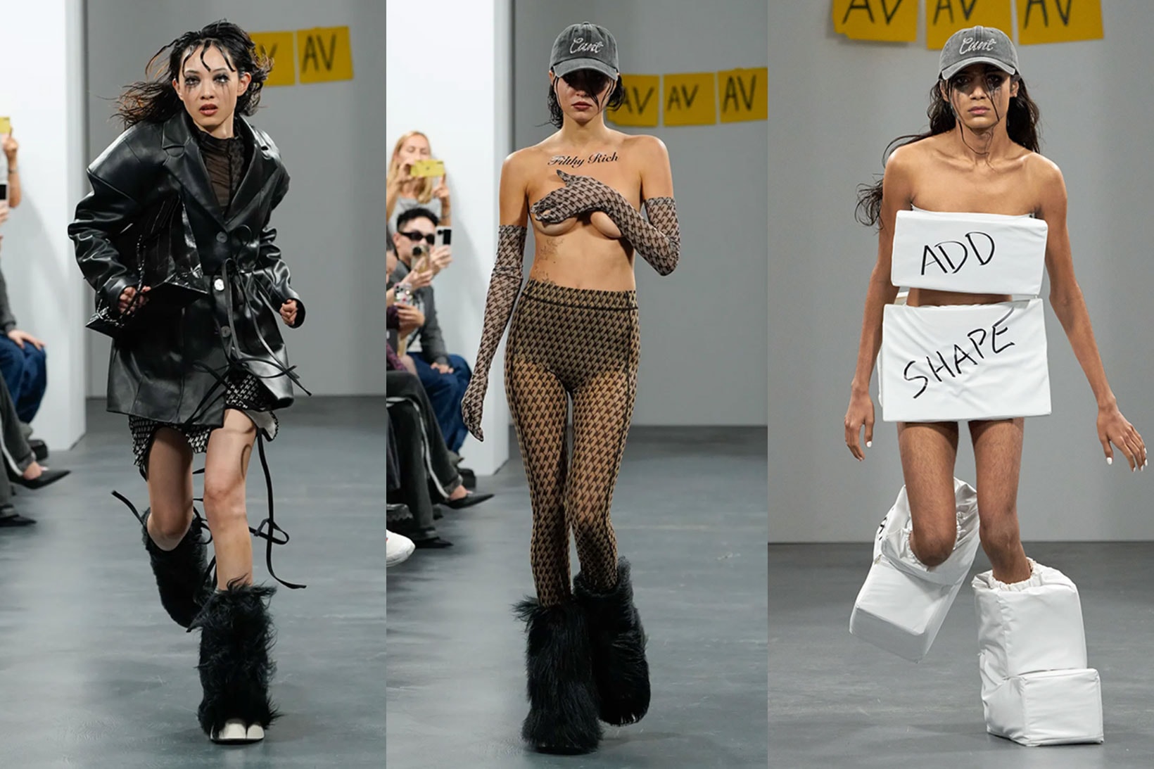 avavav milan fashion week runway post it notes slogans rushed models