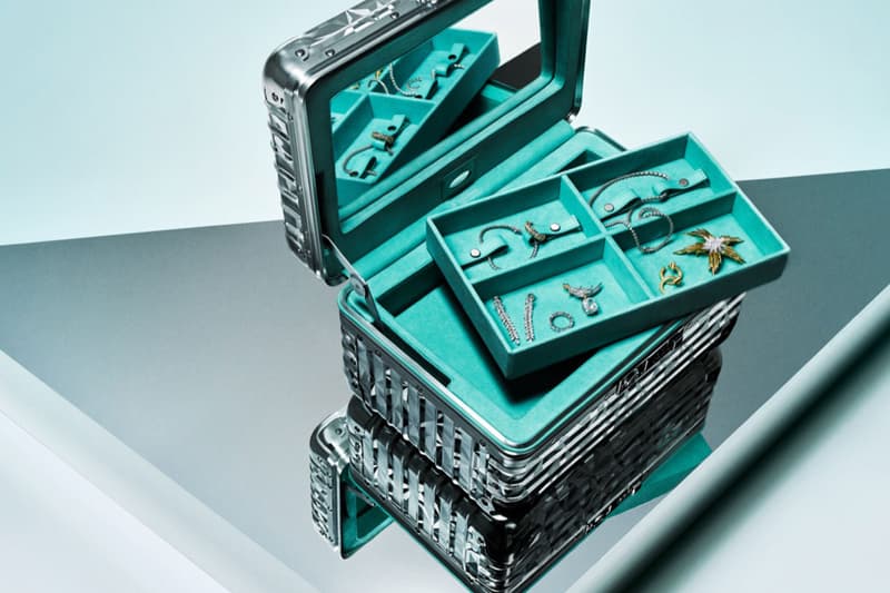 rimowa tiffany luggage collaboration collection suitcases silver blue