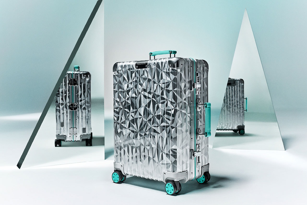 rimowa tiffany luggage collaboration collection suitcases silver blue