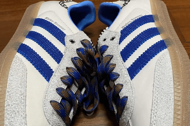 wales bonner adidas samba sneaker shoe beige brown blue laces