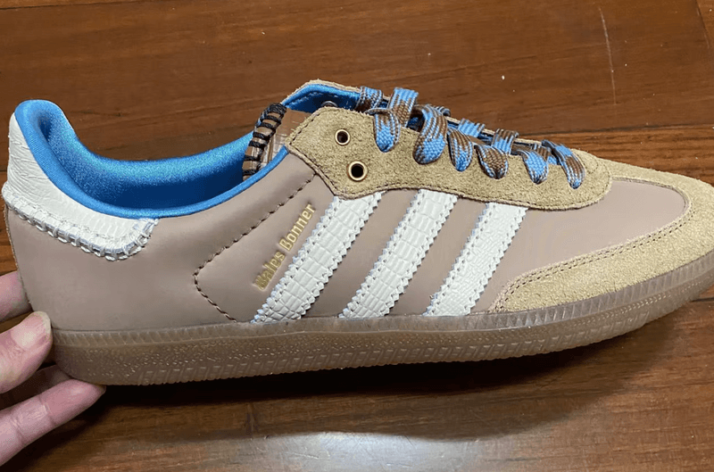 wales bonner adidas samba sneaker shoe beige brown blue laces