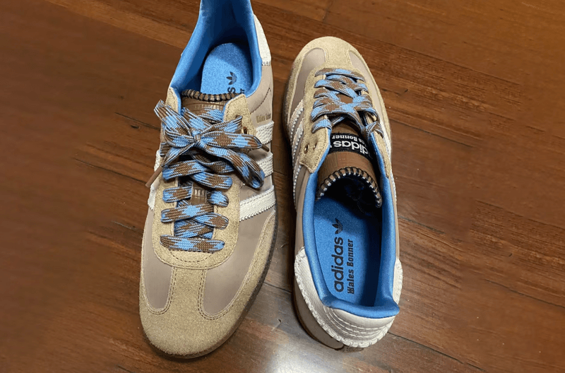 wales bonner adidas samba sneaker shoe beige brown blue laces