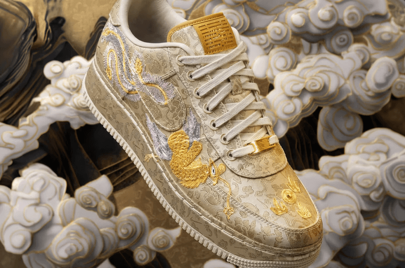 nike year of the dragon chinese new year sneaker air force 1 low white gold embroidery