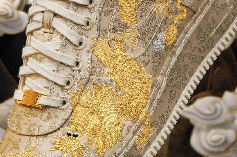 nike year of the dragon chinese new year sneaker air force 1 low white gold embroidery