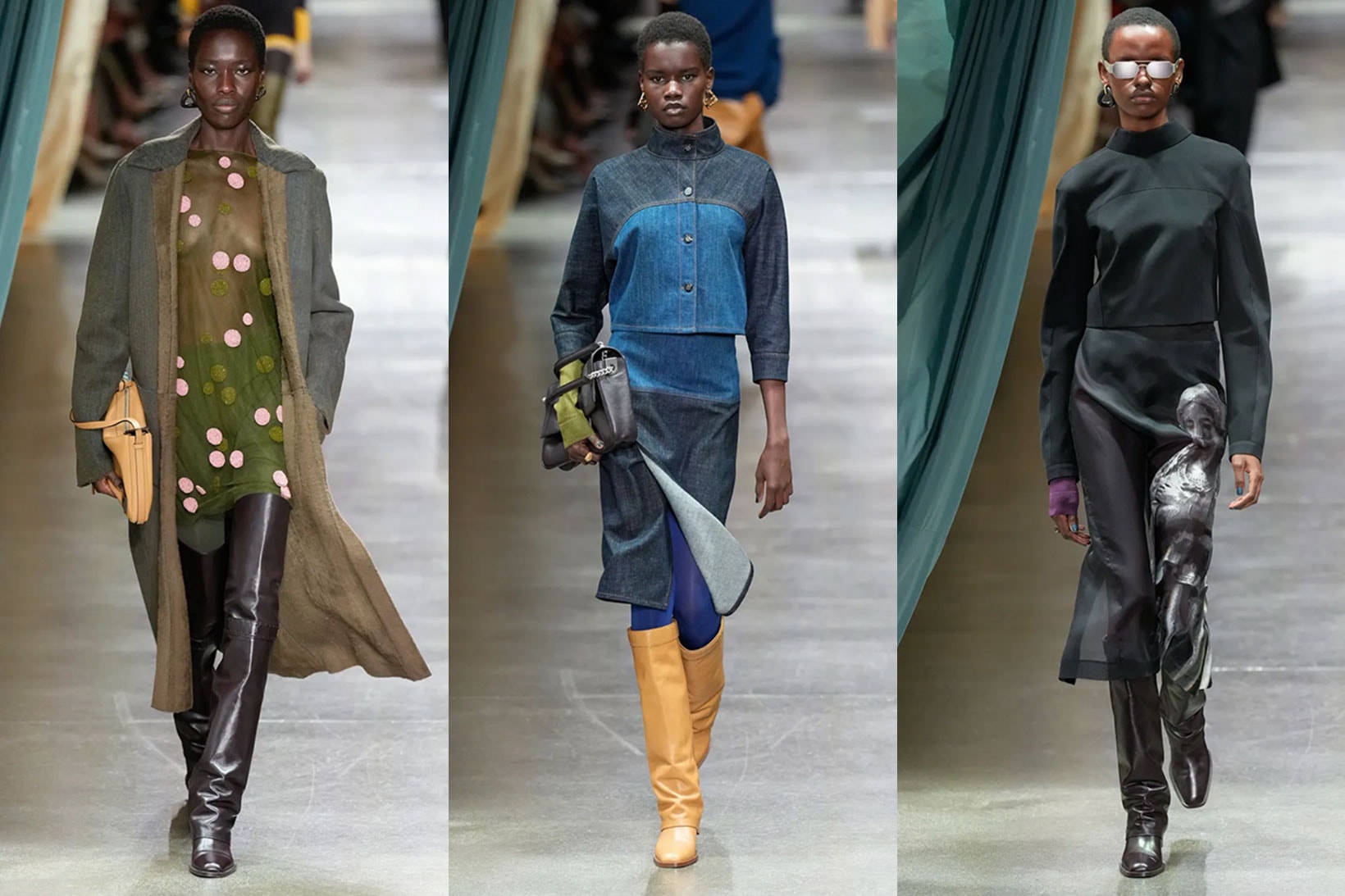 fendi milan fashion week runway clothes denim boots leather blue tights 