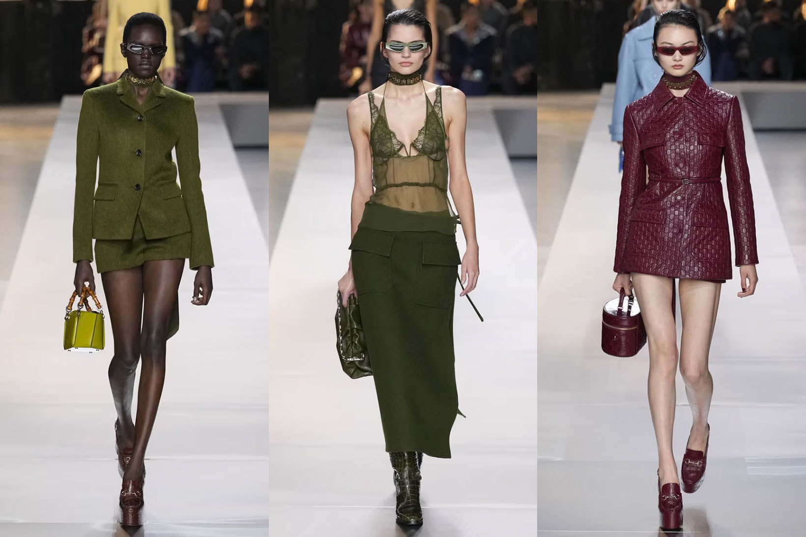 gucci milan fashion runway burgundy green boots dresses weaving models 