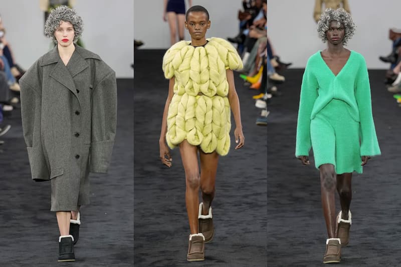 jw anderson grey hair wigs grandma runway oversized blazer shoulders yellow yarn dress models catwalk runway