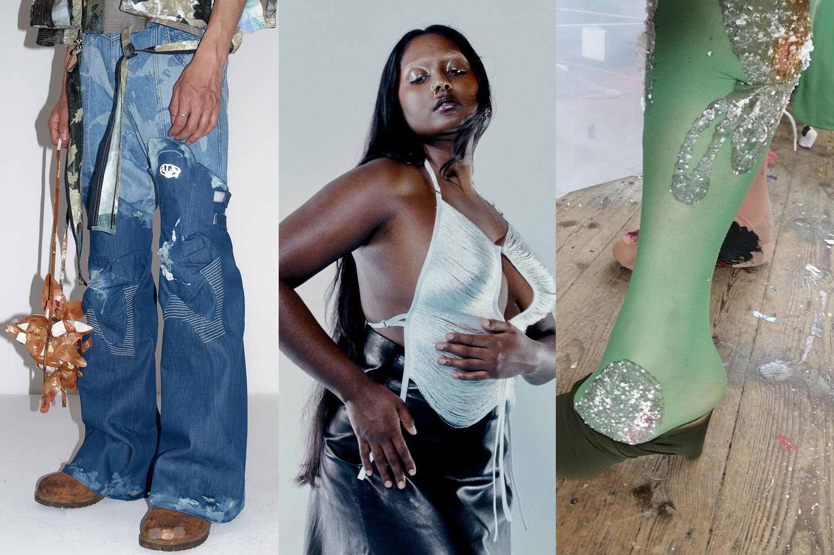 designers fashion week runway denim glitter tights woman body bags