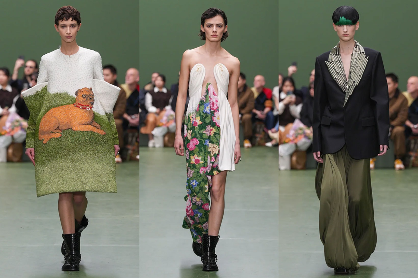 loewe paris fashion week runway clothes big dresses flowers animals