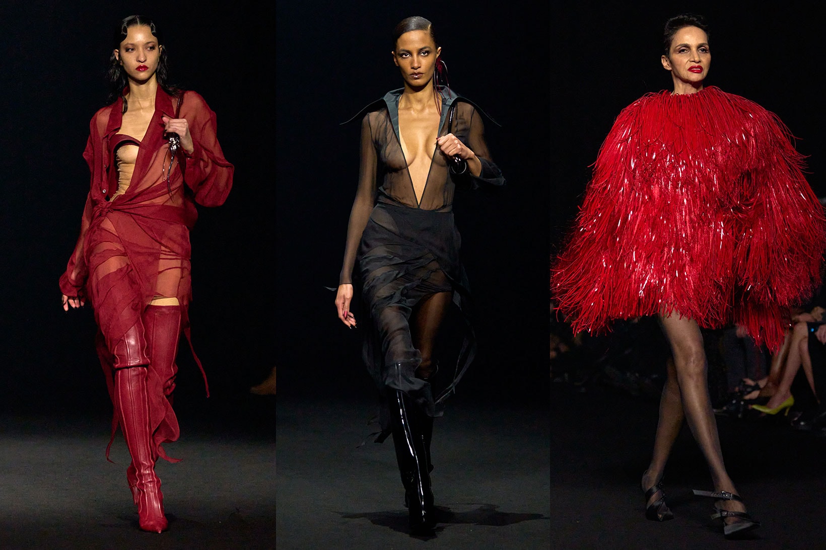 mugler sheer fabrics breasts nipples paloma elsesser runway sequins feathers red 