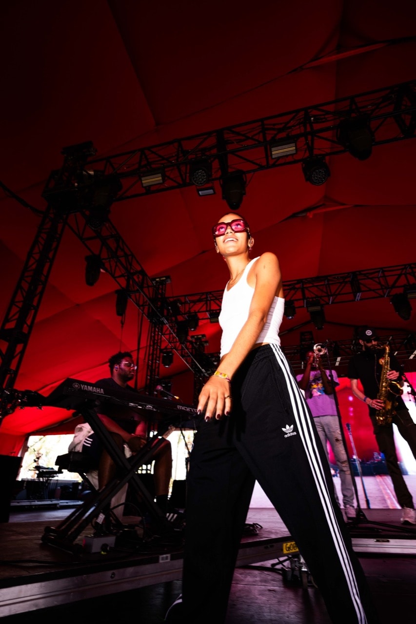 olivia dean adidas tracksuit track pants tshirt music artist performer