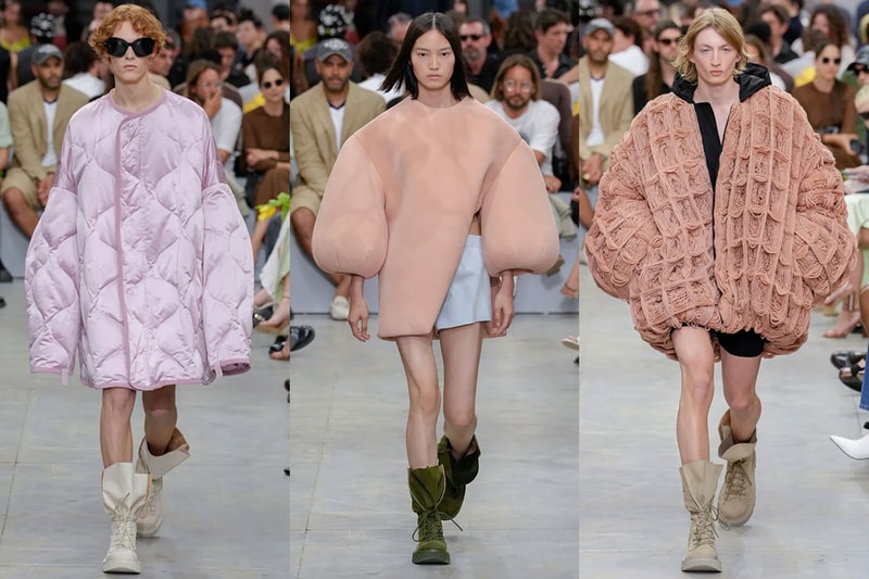 jw anderson milan fashion week runway sleep oversized puffy jackets bed 