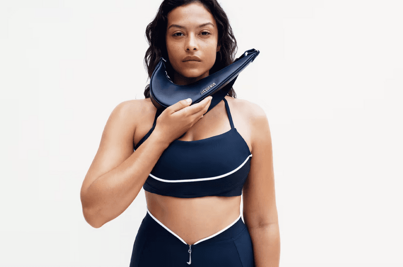 jacquemus nike sportswear clothing swoosh bags navy blue red tops skirts zip woman model