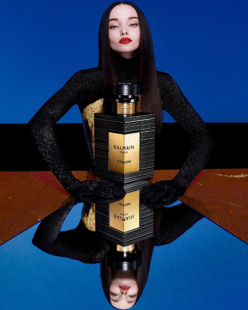 balmain beauty, fragrance, soo joo park model with red hair and bottle, olivier rousteing