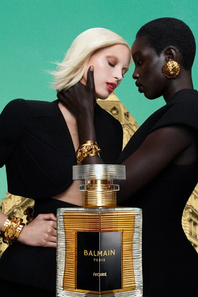 balmain beauty, fragrance, soo joo park model with red hair and bottle, olivier rousteing