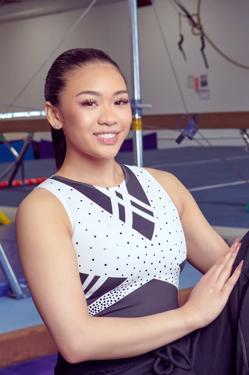 suni lee practicing gymnastics on balance beam, olympics, beauty, skincare