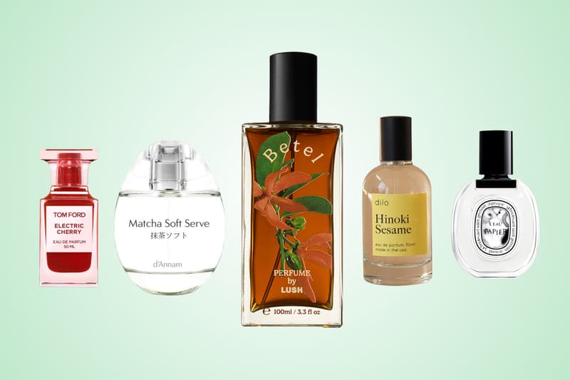 tom ford "electric cherry," d'annam"matcha soft serve," lush "betel," dilo hinoki sesame, diptyque "l'eau" papier, fragrance trends 2025, perfume, food-inspired scents