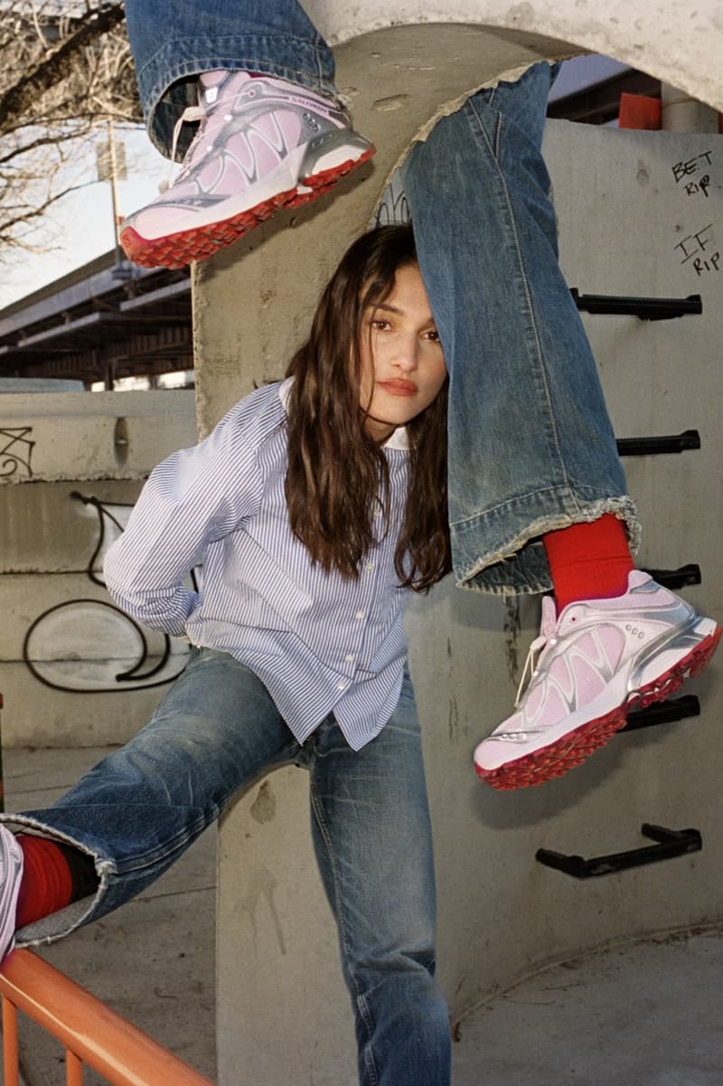 salomon sandy liang pink red silver sneakers trainers girl building balcony city