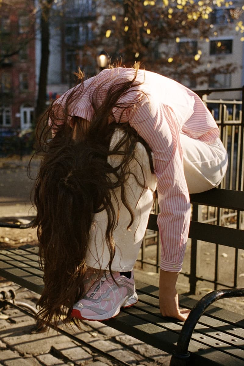 salomon sandy liang pink red silver sneakers trainers girl building balcony city