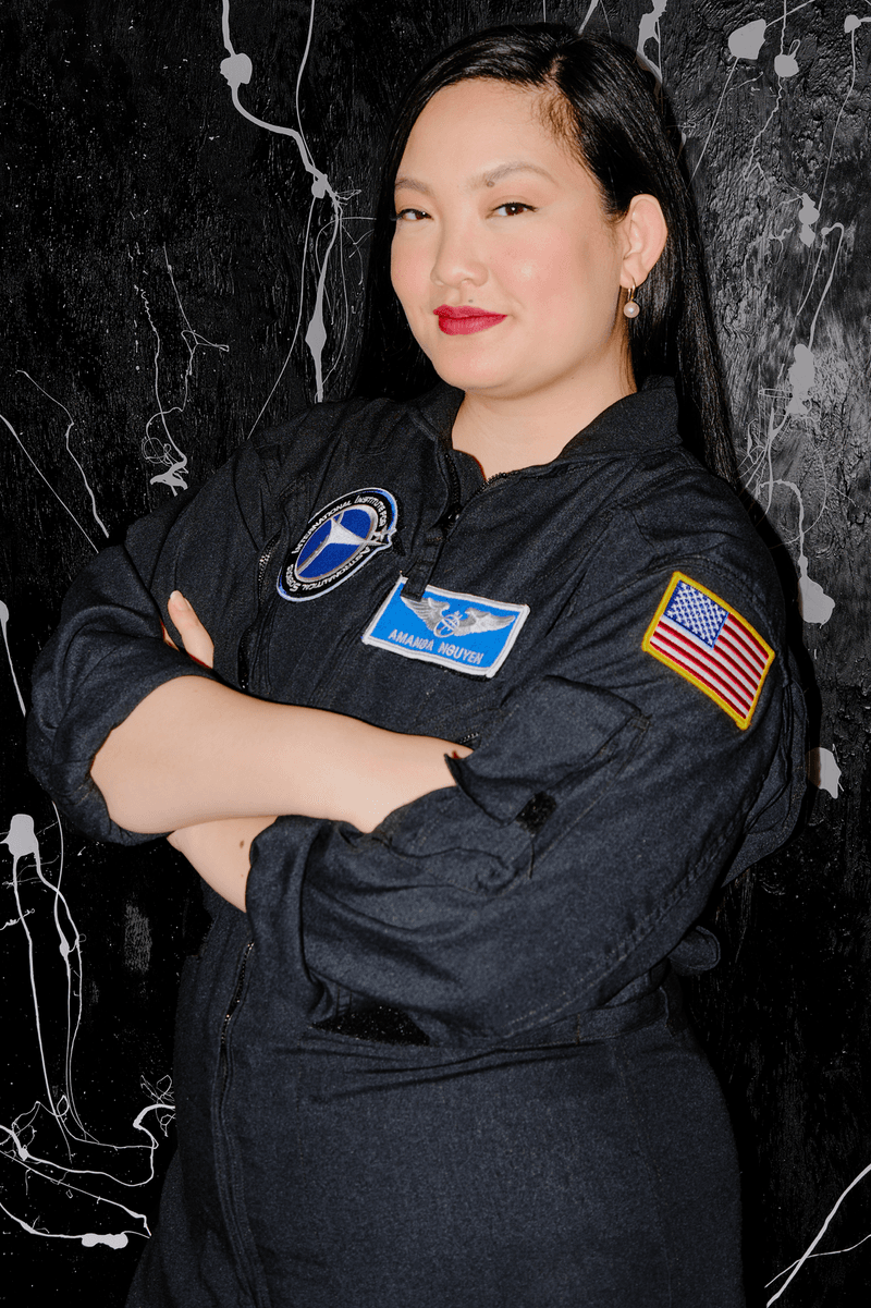 woman posing in space suit, amanda nguyen, beauty, cosmetics, makeup