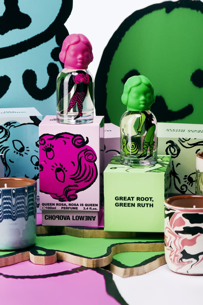 chopova lowena fragrances, candles launch at dover street market, colorful bottles, blue green pink perfume, beauty, fashion, british designers