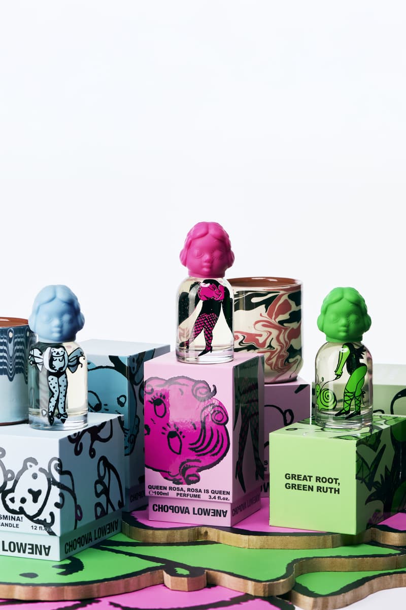 chopova lowena fragrances, candles launch at dover street market, colorful bottles, blue green pink perfume, beauty, fashion, british designers