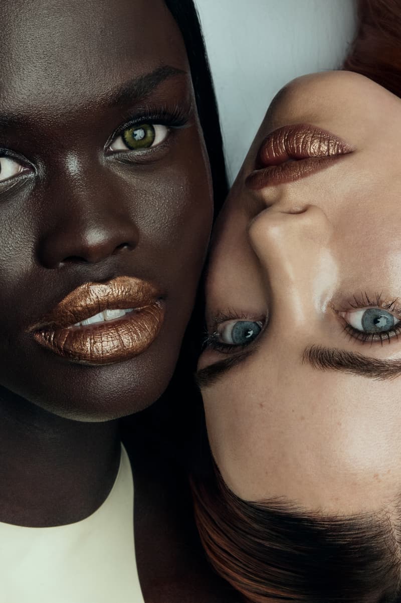 isamaya ffrench posing with model wearing gold lipstick, new makeup line, sephora, beauty, fashion