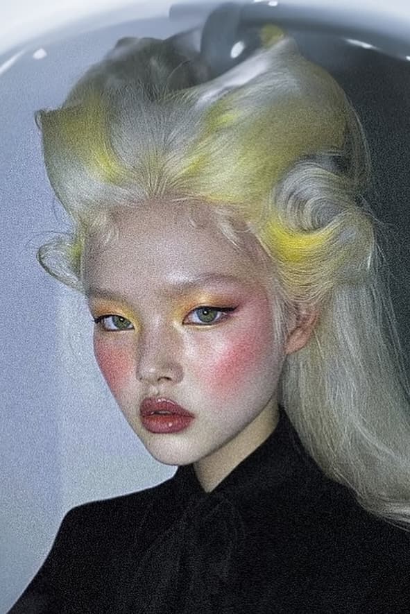 woman with blonde and yellow hair and articifical intelligence makeup, interview with mua who uses ai, beauty