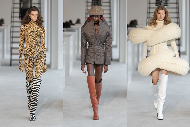 duran lantink paris runway body woman breasts prosthetics catsuit leopard print thigh high boots