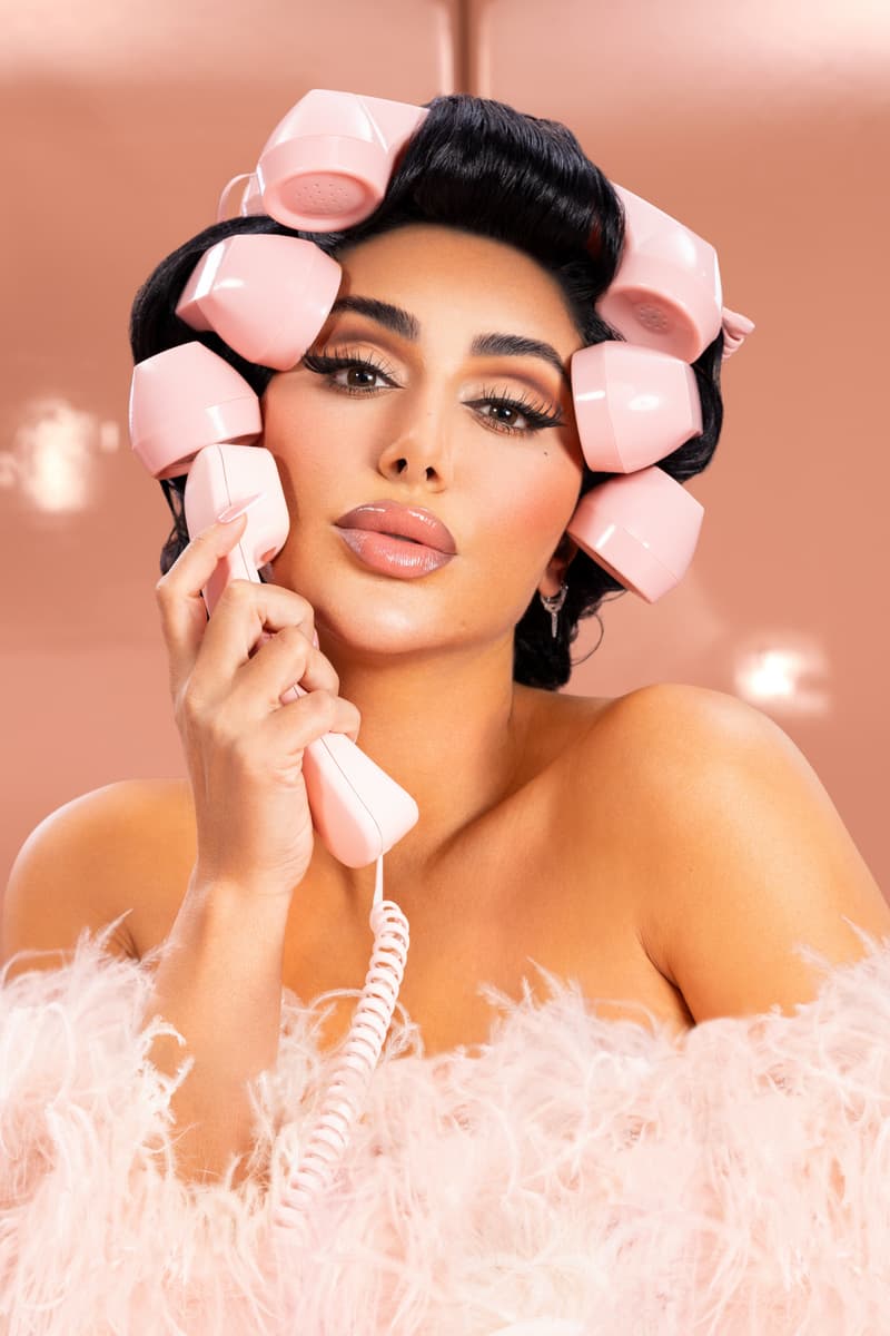 huda kattan wearing phones as hair rollers, huda hotline podcast, beauty, makeup