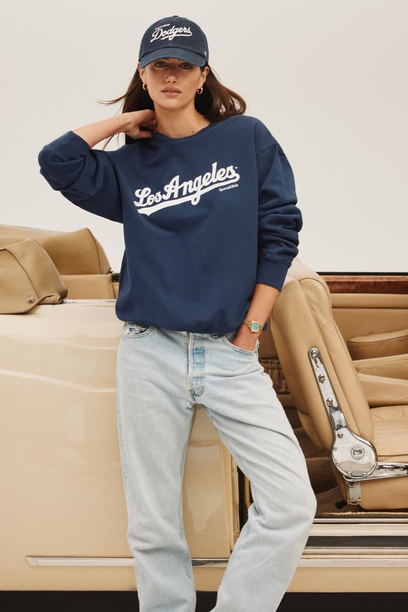 sporty rich los angeles dodgers baseball collection shorts caps sweatshirts pants girl laying on car