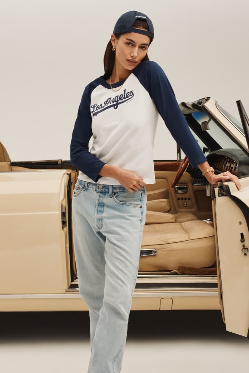 sporty rich los angeles dodgers baseball collection shorts caps sweatshirts pants girl laying on car