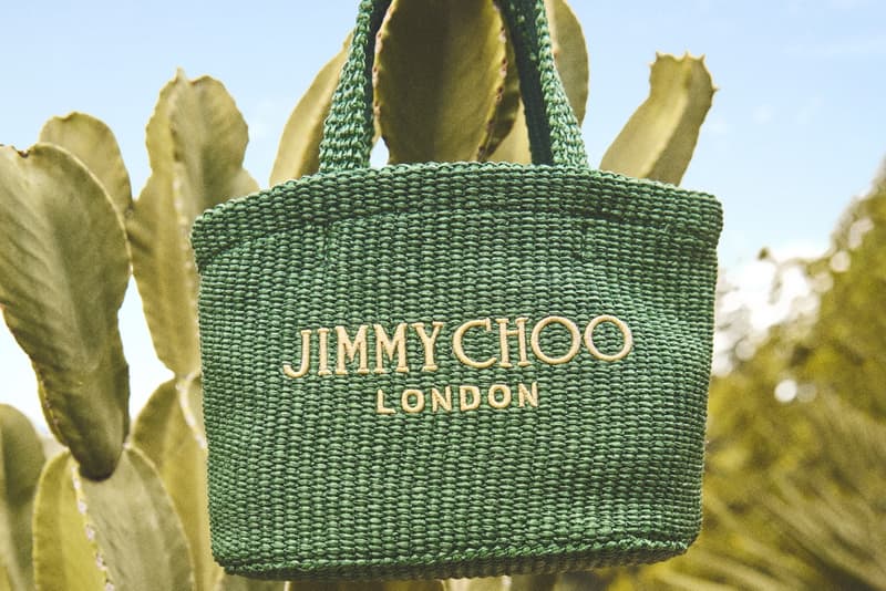 jimmy choo summer beach capsule collection legs tote straw bags sandals gold green woman water