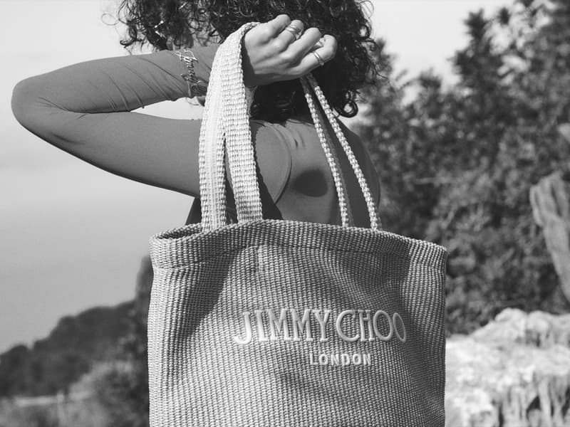 jimmy choo summer beach capsule collection legs tote straw bags sandals gold green woman water