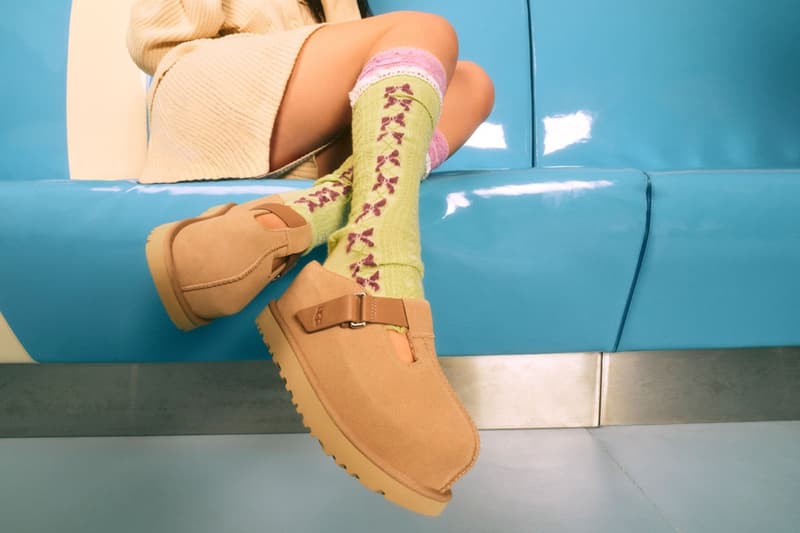 ugg golden collection goldenstar goldenrise sandals clog spring summer 2025 suede beige brown open toed platform strap eva sustainability sugarcane