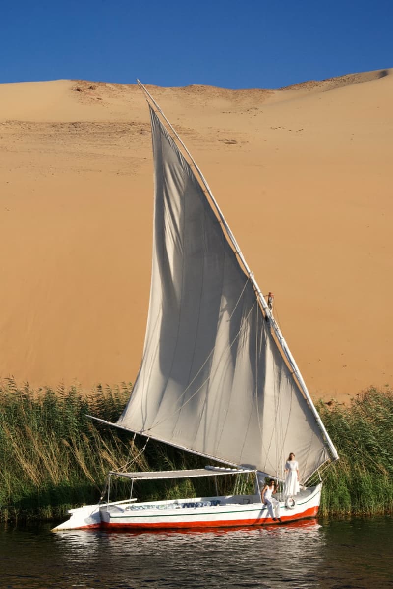 jacquemus pyramids egypt horses collection models boat sailing desert