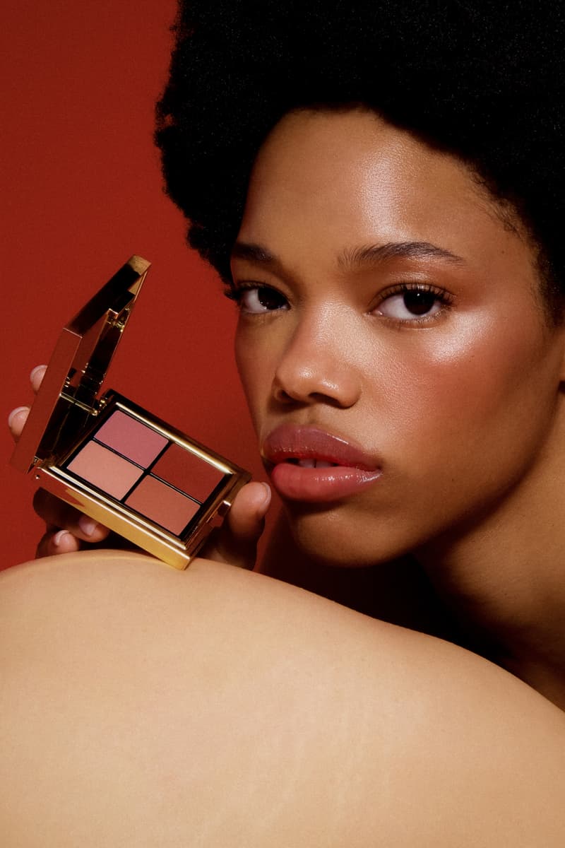 woman laying down next to the new les filles en rouje la charme palette, new makeup, french beauty