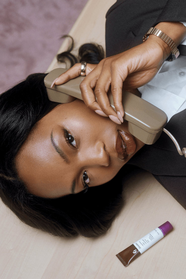 quen blackwell in office wear, glossier balm dot calm mocha espresso, beauty, skincare, makeup