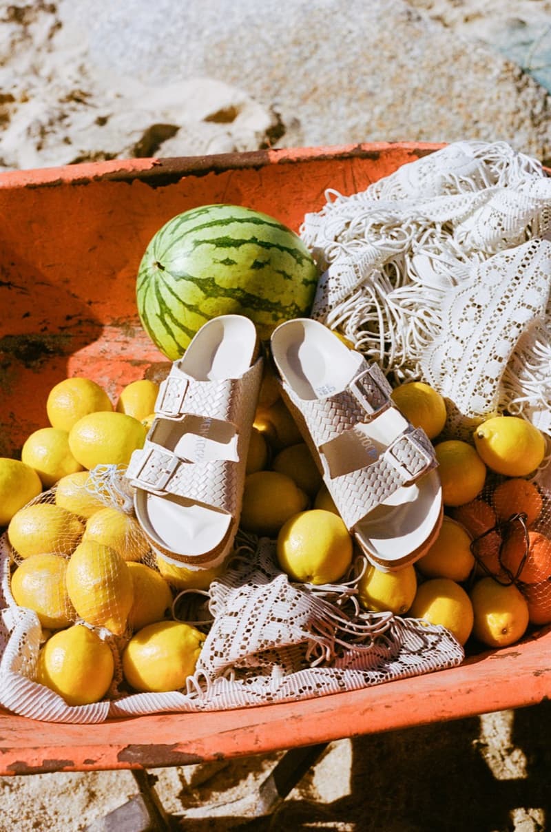 birkenstock arizona sandals staud black white woven texture strap oranges beach 