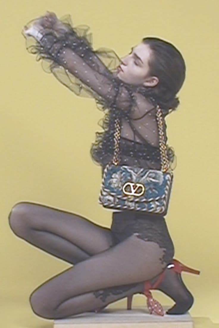 valentino, campaign, garavani bag, lace bodysuit, woman, body, handbags