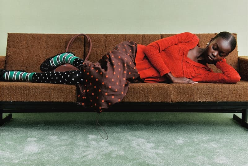 damson madder, polka dots, denim, models, lying down, sofa 